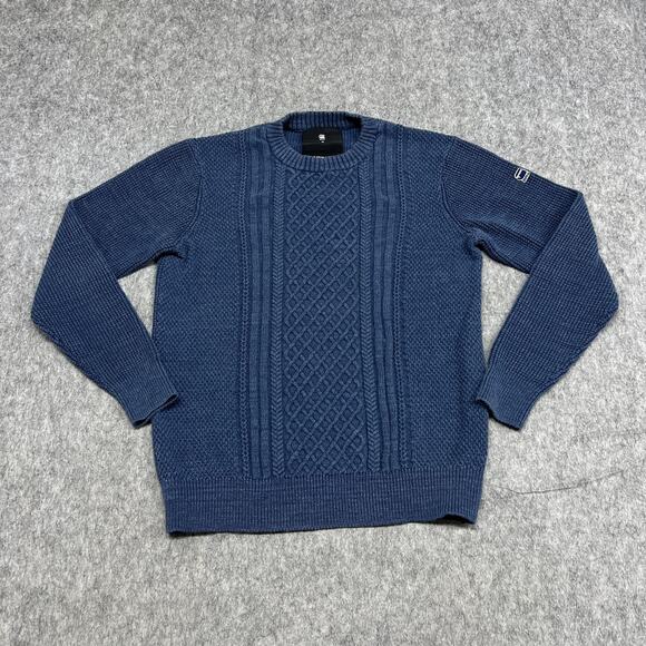 G-Star Raw Sweater Mens Medium Blue‎ Cable Knit Crewneck Pullover Affni Cotton - Picture 1 of 16